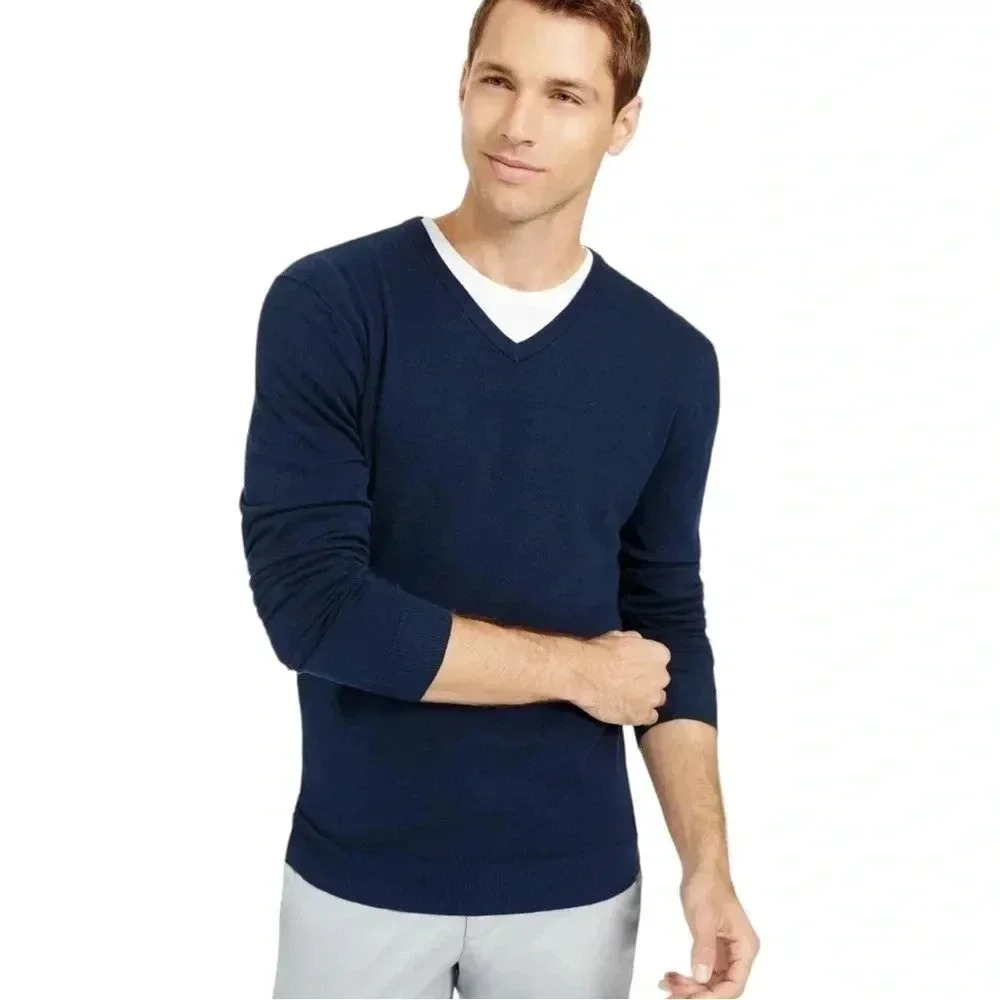 Alfani Solid Table Cotton Blend Navy V-Neck Classic Fit Mens Sweater